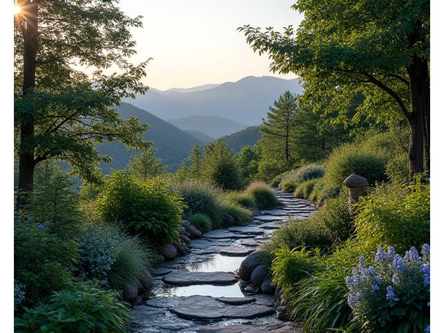 Lush mountain-style garden with native plants and stone paths, embodying Quintroselvona's design philosophy.