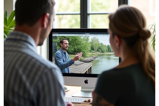 Expert advising client on backyard design concept via video call