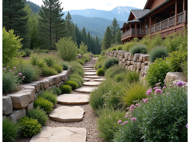 Lush, multi-tiered mountain garden with retaining walls and native plants