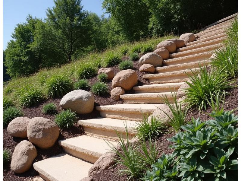 Steep hillside with terraced planting beds and strategically placed rocks to prevent erosion