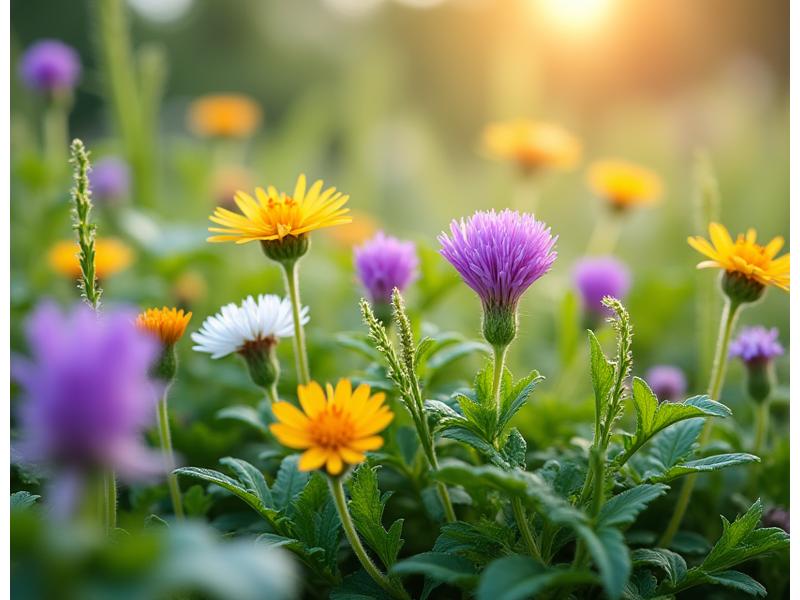 Close-up of vibrant native wildflowers and ferns in a natural garden setting