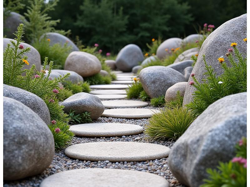Beautifully arranged rock garden with alpine plants and gravel paths