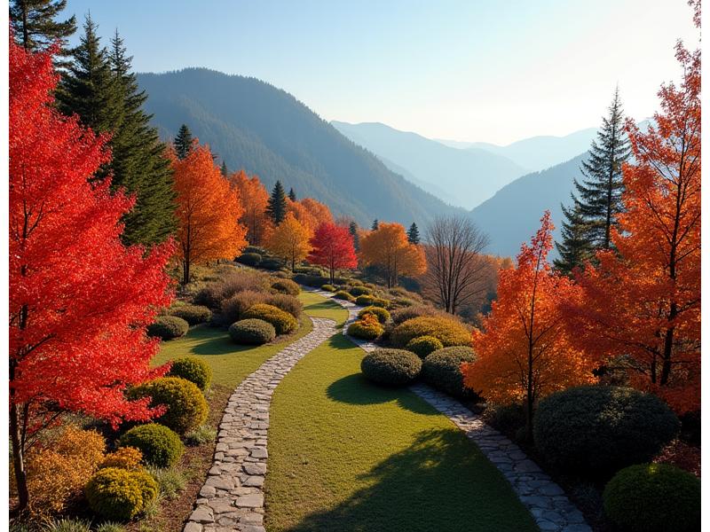 Autumn view of a mountain landscape garden with colorful trees and a clear sky